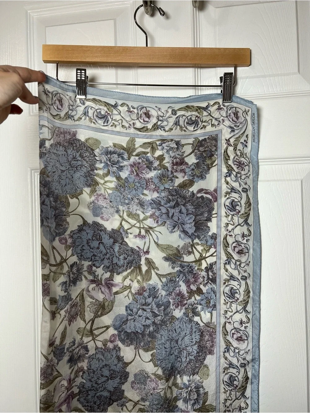 Vintage 1980s–90s 100% Silk Square Scarf Floral Pastel Blue Festival Cottagecore